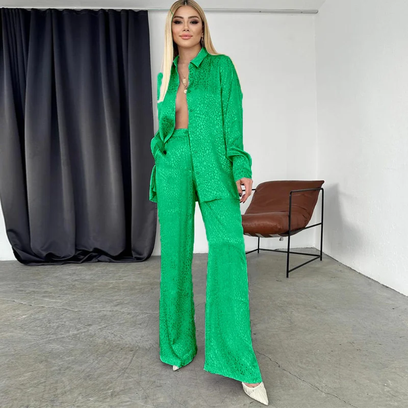 Streetwear 2 Pieces Set Womens Outfits Tops and Pants Green Wide Leg Pants Suit Long Sleeve Loose Leopard Shirts and Blouses