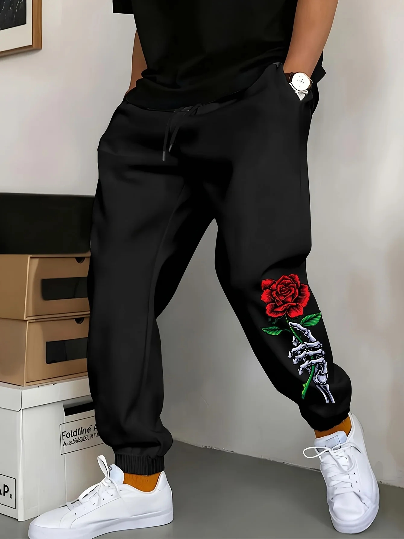 Mens Sweatpants Fit Joggers for Sports and Streetwear Loose Casual Pant Drawstring Multi-pocket Men Rose Printed Long Pant