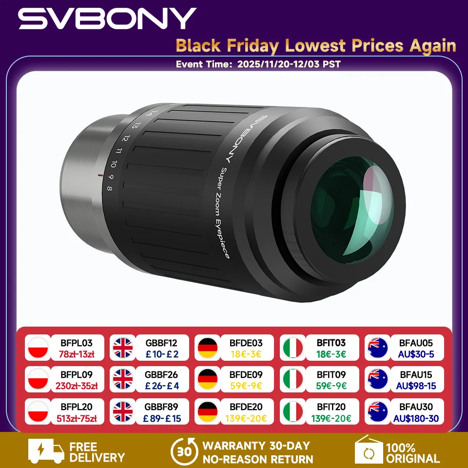 SVBONY SV230 8-20mm Zoom Eyepiece, Parfocal Wide-Angle (57°-72°), Aspherical Optics, 1.25/2 Dual Fit for Planetary & Deep Sky