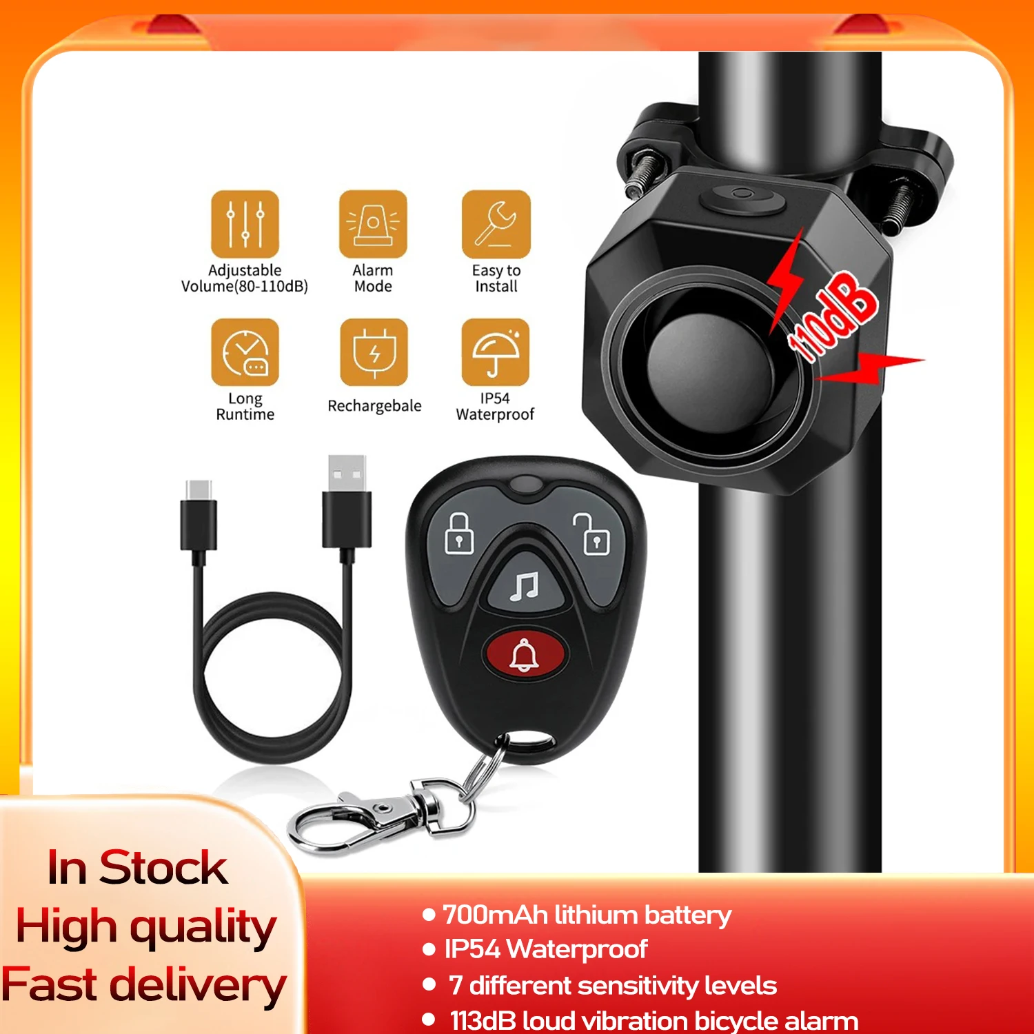 Wsdcam 113dB Bike Anti-theft Alarm Waterproof Vibration Motorcycle Alarm Burglar Device with Remote For Scooter, Cart