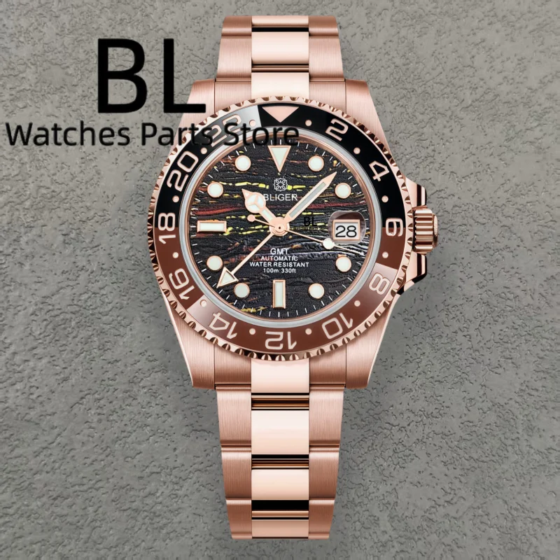 

BLIGER 40 мм Full Rose GMT NH34 Роскошные мужские механические часы с текстурой тигрового глаза Черный Коричневый Керамический безель Сапфировое стекло 10 бар
