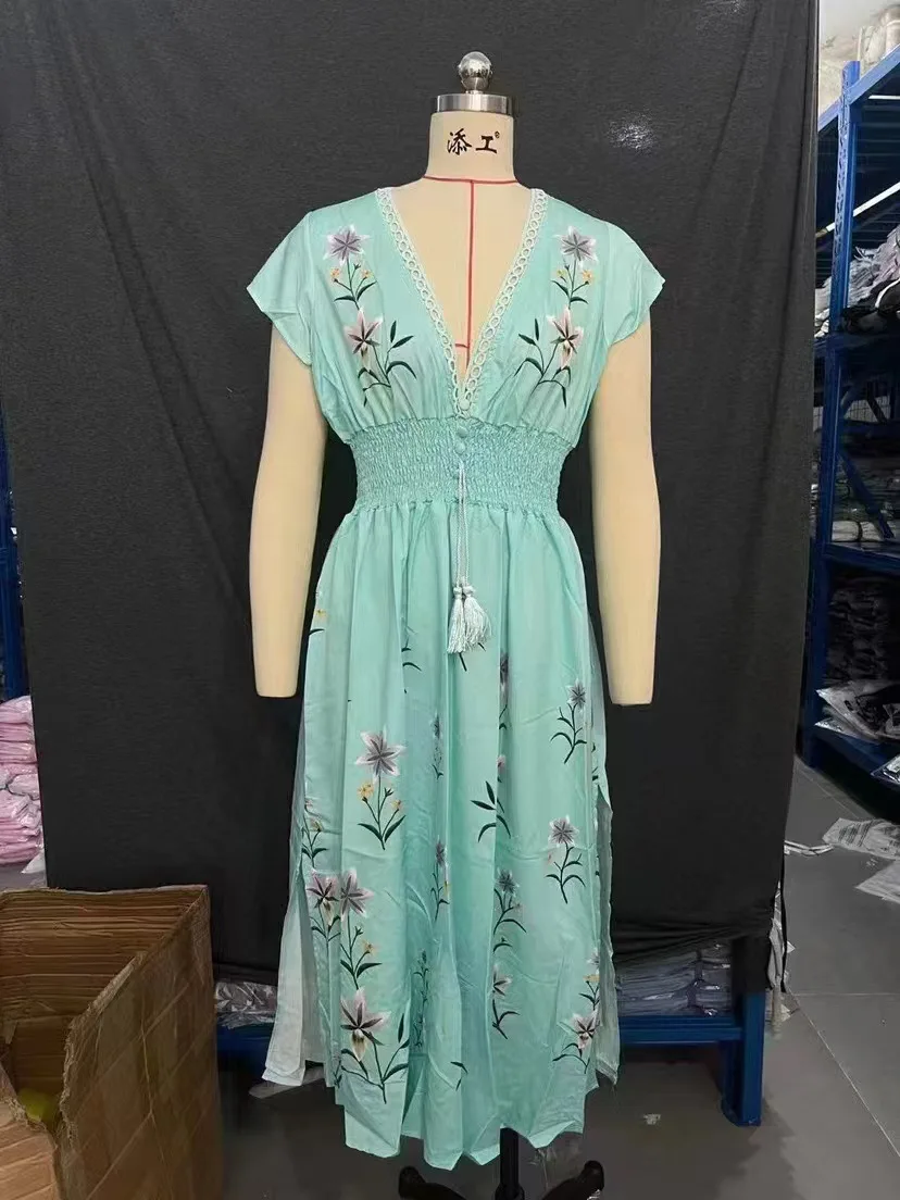 Boho-Kleid für Damen, gerüscht, V-Ausschnitt, Blumenmuster, Vintage, hohe Taille, A-Linie, langes Kleid, ärmellos, Schnürung, Jacquard, Maxi-Sommerkleid