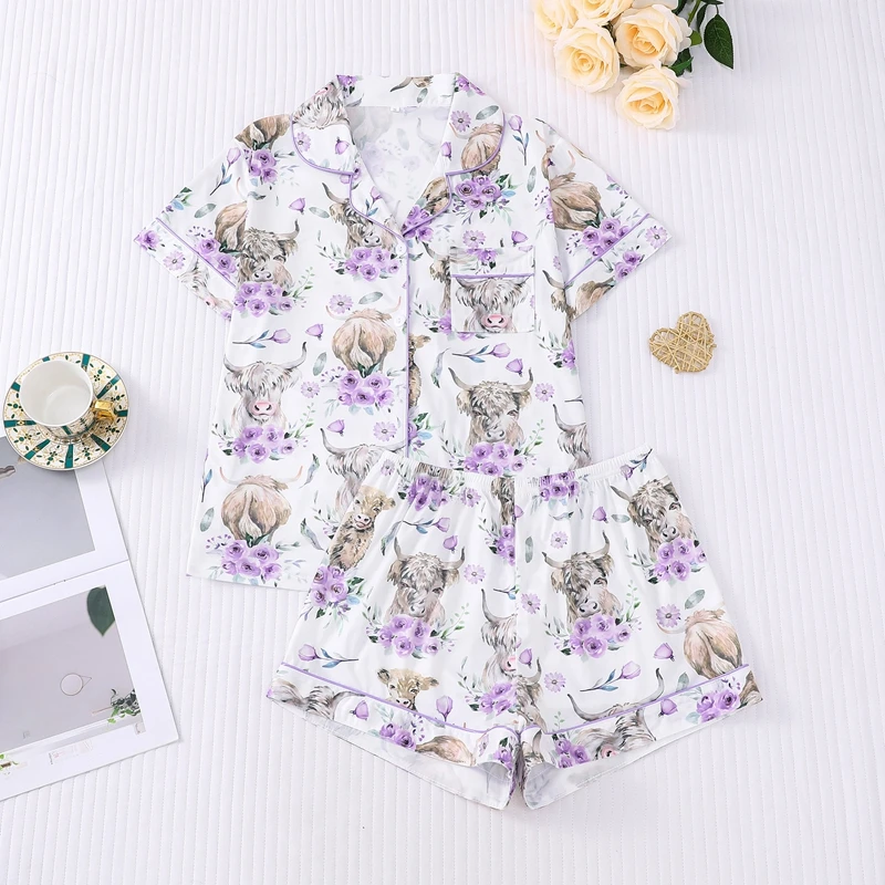 

Cow Floral Print Home Suit Set Satin Short Sleeve Lapel Top With Pockets And Shorts Plus Breathable Fit Women's Casual Attire