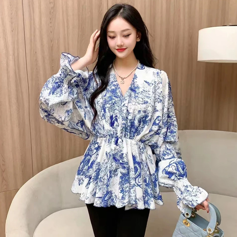 Blusa feminina com decote em v manga comprida solta, alta qualidade, estampa retrô elegante, bainha babada, camisa de chiffon, primavera, outono, nova, 2022