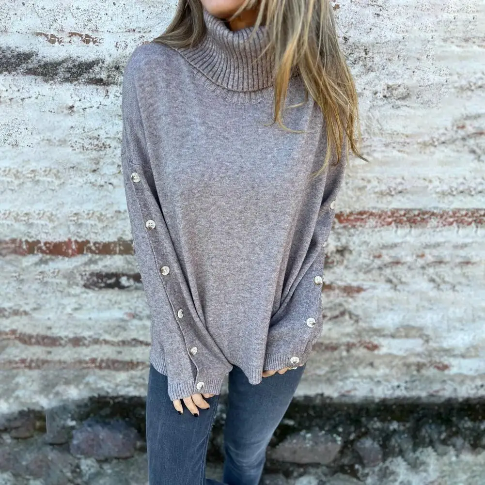 2025 зимний свитер для женщин, водолазка с длинным рукавом, ребристая отделка, вязаный свитер, топы, свободный подол, пуговицы, декор, трикотажные топы с ребристой отделкой