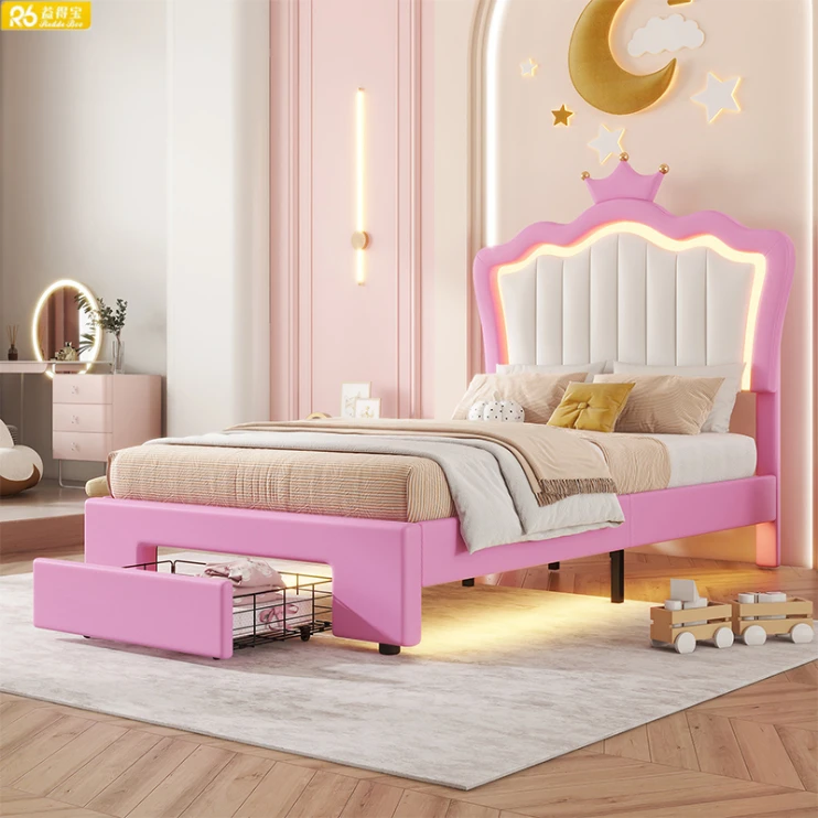 

Easy to Assemble High Quality Modern Simple Style In-stock Pink Children's Princess Bed with LED Headboard Storage Space