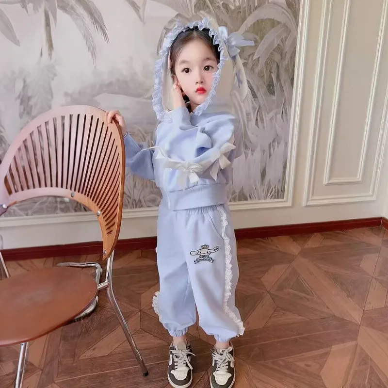 Kawaii Cinnamoroll Kids Sweatshirt Two-piece Set Sanrio Anime Hoodies Autumn Girl Long-sleeves Clothes Top with Pants