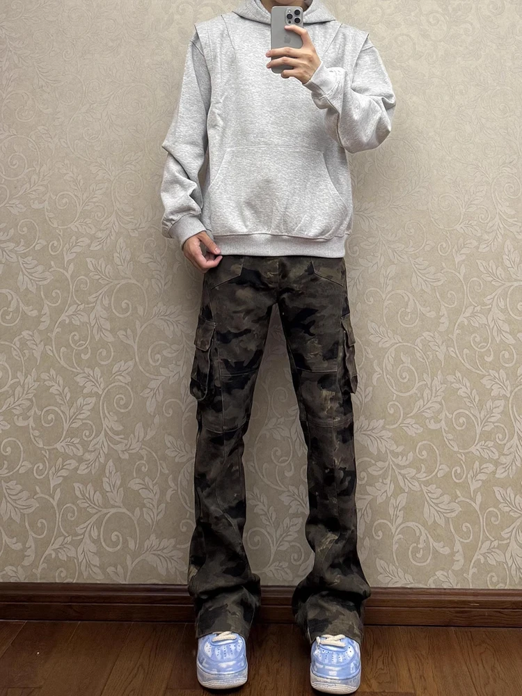 

American Retro Men's Slim Fit Cargo Pants Autumn CleanFit Micro Flare Workwear Jeans Youth Casual Breathable Straight Leg