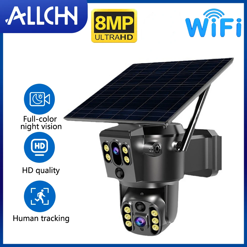 

ALLCHN 4k WIFI Solar Dual Lens Camera Outdoor Humanoid Tracking Surveillance 8MP PTZ Color Night Vision Security IP Cam