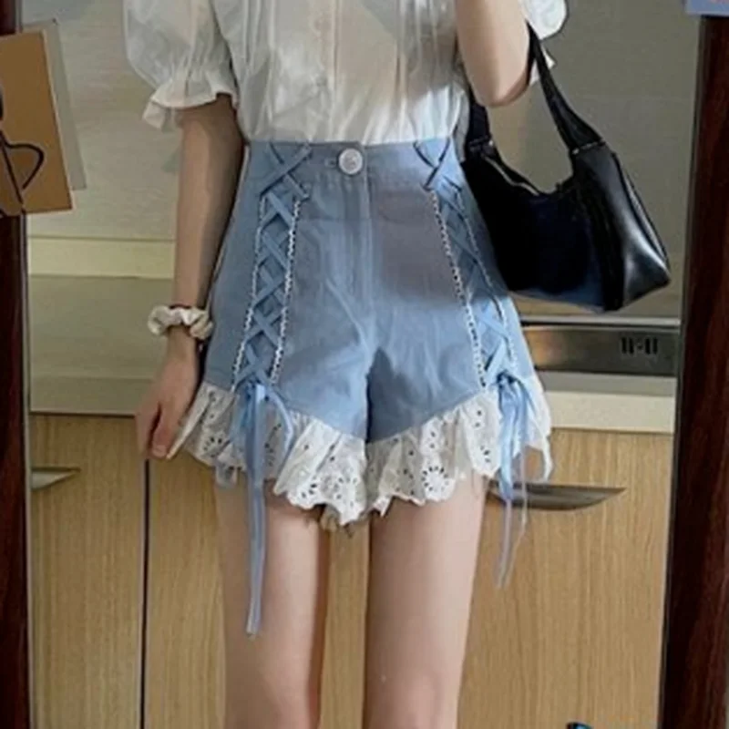 Summer Female Korean Y2k Shorts Version of Lace Sweet Ruffled Patchwork Bandage High Waist Shorts Female Harajuku Punk Shorts