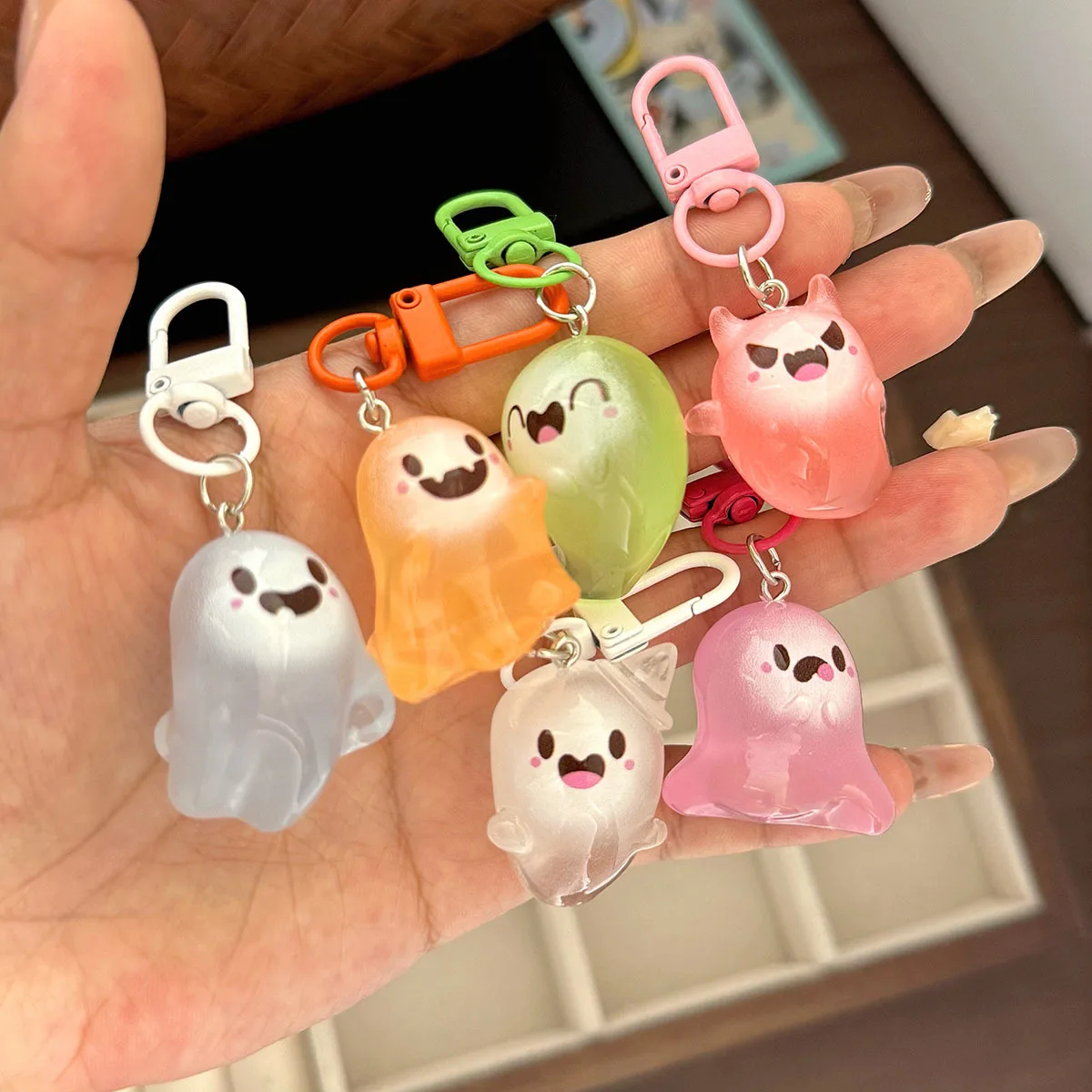 Luminous Jelly Ghost Keychain, Halloween Cartoon Glow in Dark Pendant,Phone Pendant Headphone Case Charm Bag Decor Car Key Ring