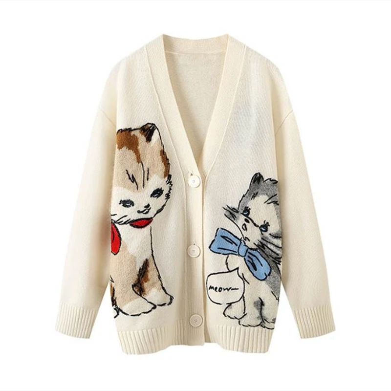 Women Knitted Cardigans Cartoon Cat Pattern Retro Korean Chic Long Sleeve V-neck Sweater Coat Fashion Outerwear Loose Female Top