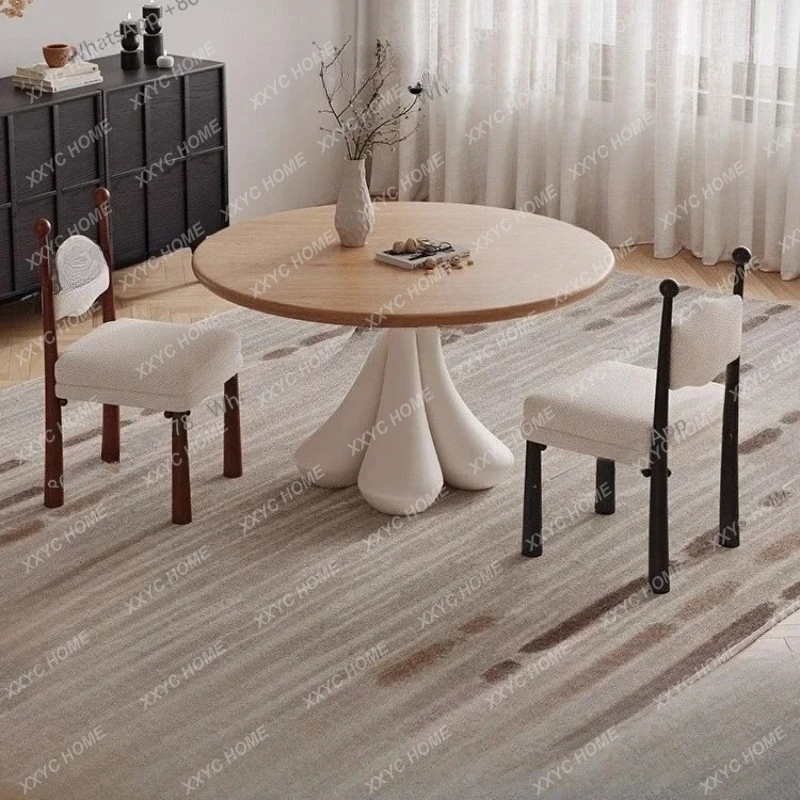 

LPetal Round Table Cream Style Home Restaurant High-end Natural Wood Color White Wax Solid Wood Round Dining Table