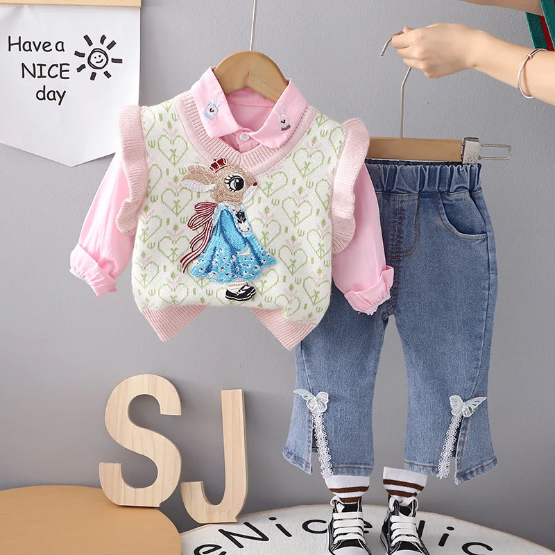 Girls' Knitted Vest Set 2026New Woolen Vest+Shirt+Cowboy Flare Pants Girls Clothes Loose Soft Fashion All-Match Suit