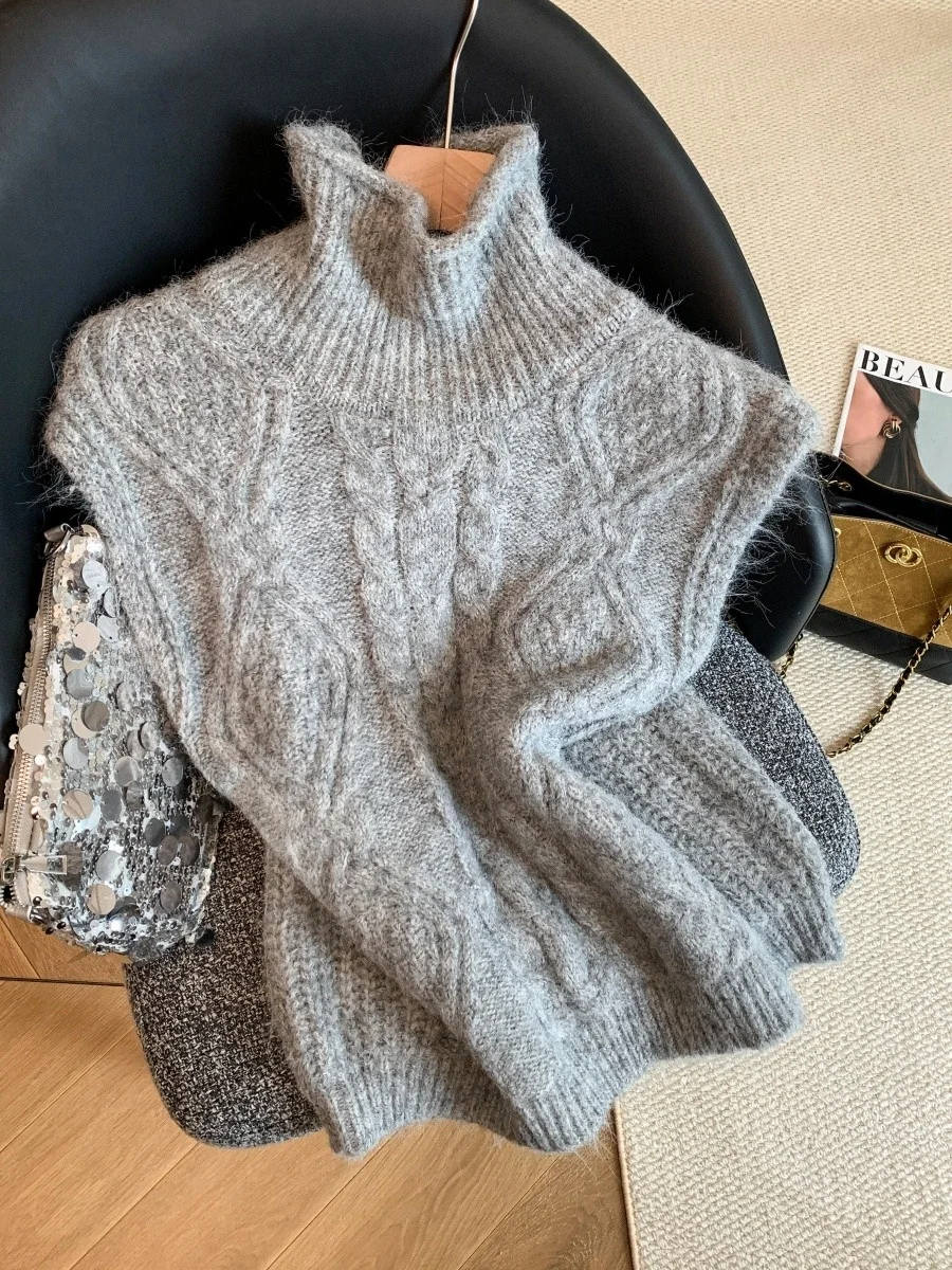 เสื้อกั๊กไหมพรมคอสูงทรงหลวมสำหรับผู้หญิง แฟชั่นฤดูใบไม้ร่วงฤดูหนาว เสื้อท่อนบนทรงสลิม สวมใส่สบาย เนื้อผ้านุ่ม สีสันสดใส เหมาะสำหรับใส่ไปทำงาน