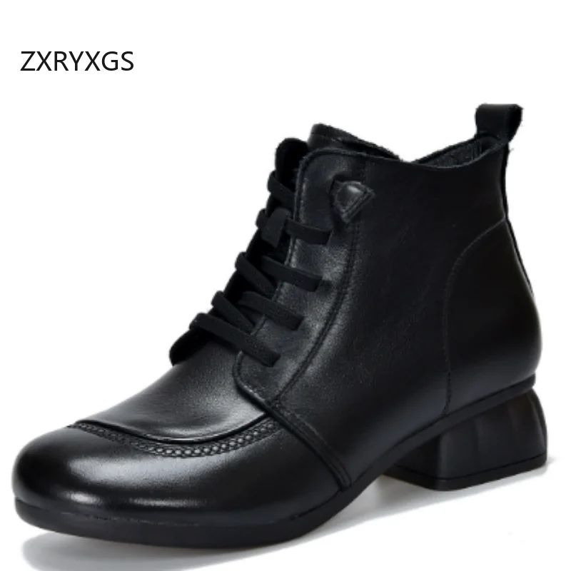 

ZXRYXGS Женские ботинки из натуральной кожи с перекрестными ремешками и боковой молнией, элегантные модные ботинки из натуральной кожи на толстом среднем каблуке 2025