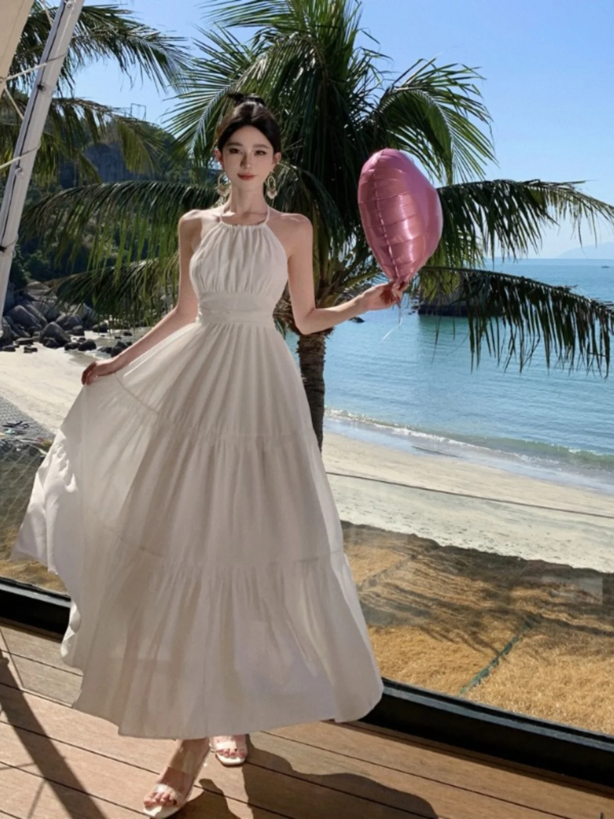 Sanya Beach Dress Women Backless Long Summer Coast Photography Clothes Ultra Fairy White Large Skirt A-Line Gown Polyester