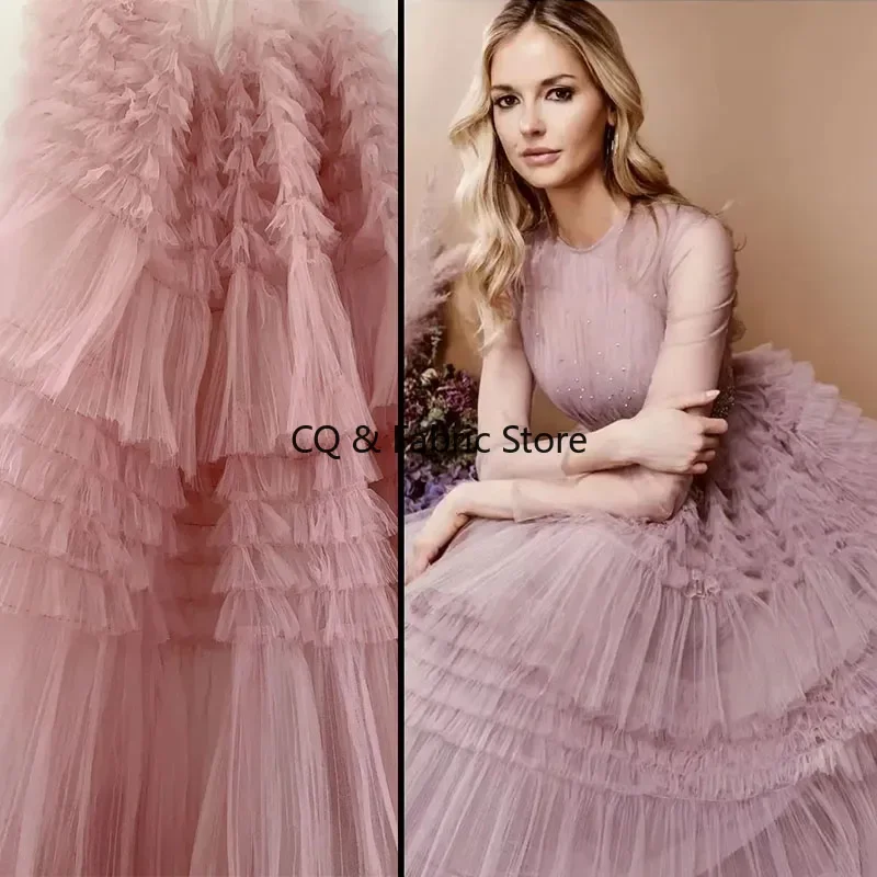 Mauve Pink Pleated Tulle Fabric Soft Mesh Lace Frilled Gauze For Creased Cake Dress Wedding Photography Backdrop Decoratio