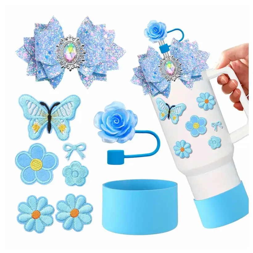 Cup Accessories Set for  Cup 30oz 40oz Tumbler with Handle, Including Silicone Straw Cover and Boot, butterfly & Flower Sticker,