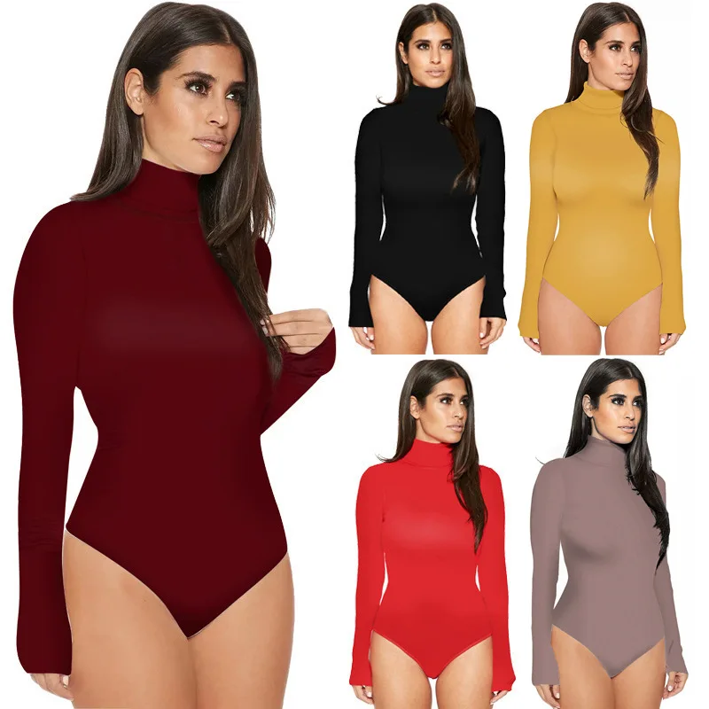 

Long Sleeve Turtle Neck Tops Bodysuit Women Autumn Clothes Jumpsuit Stretchy Layer Top Black Red Slim Fit Club Overalls Playsuit