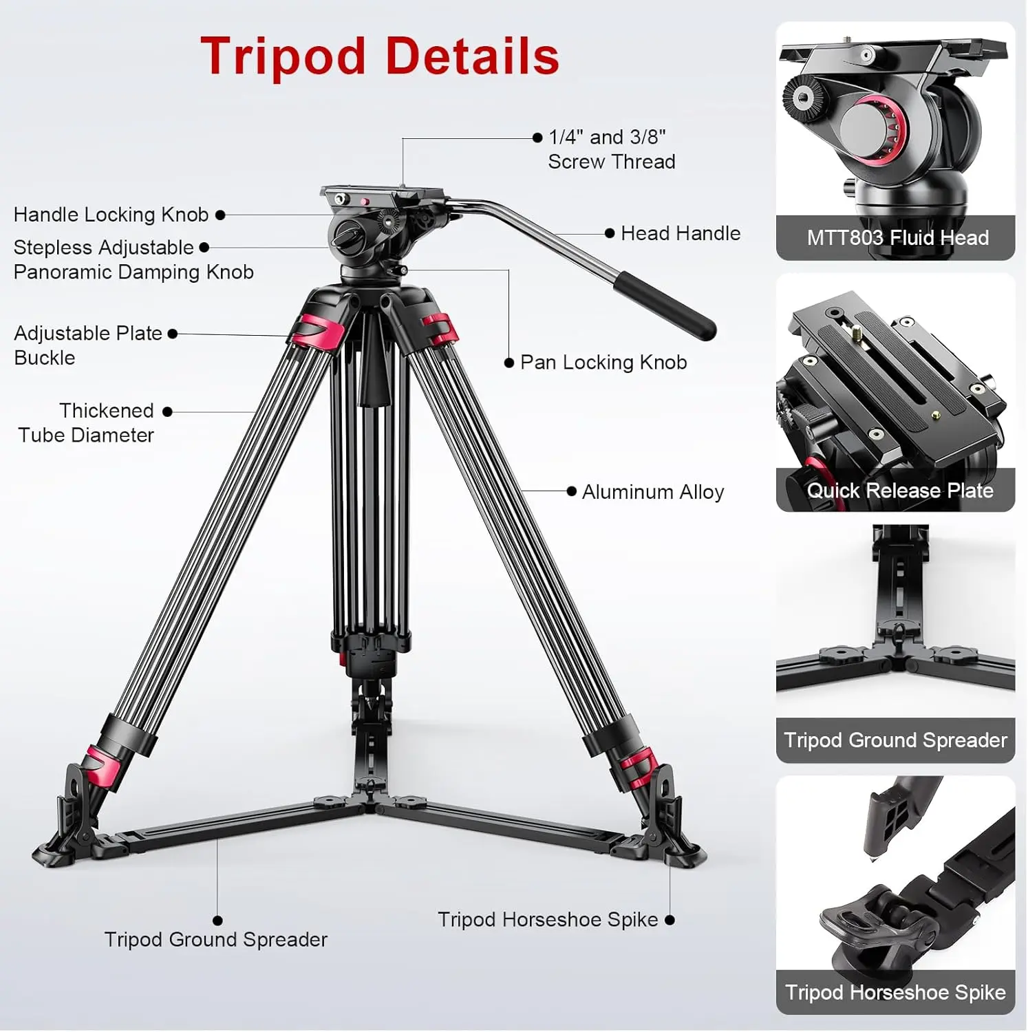 Tripod tugas berat untuk kamera, Tripod Video dengan kepala halus, Tripod tugas berat aluminium