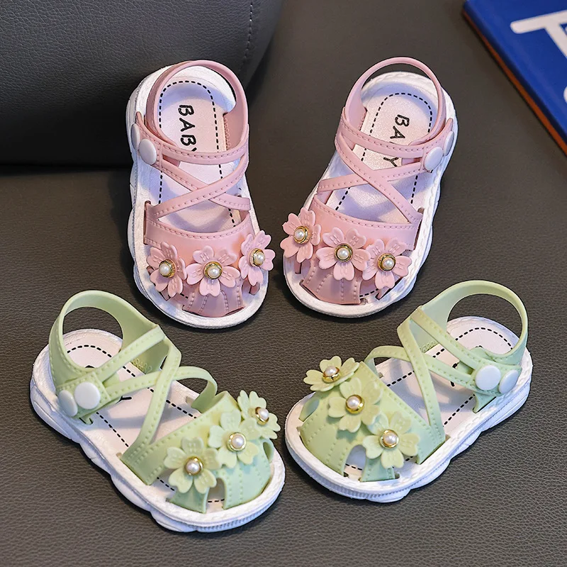 Baby Girl Sandals Summer Close Toe Infant Toddler Shoes Breathable First Walkers Newborn Cute Flower Pearl Beach Sandals 아기신발