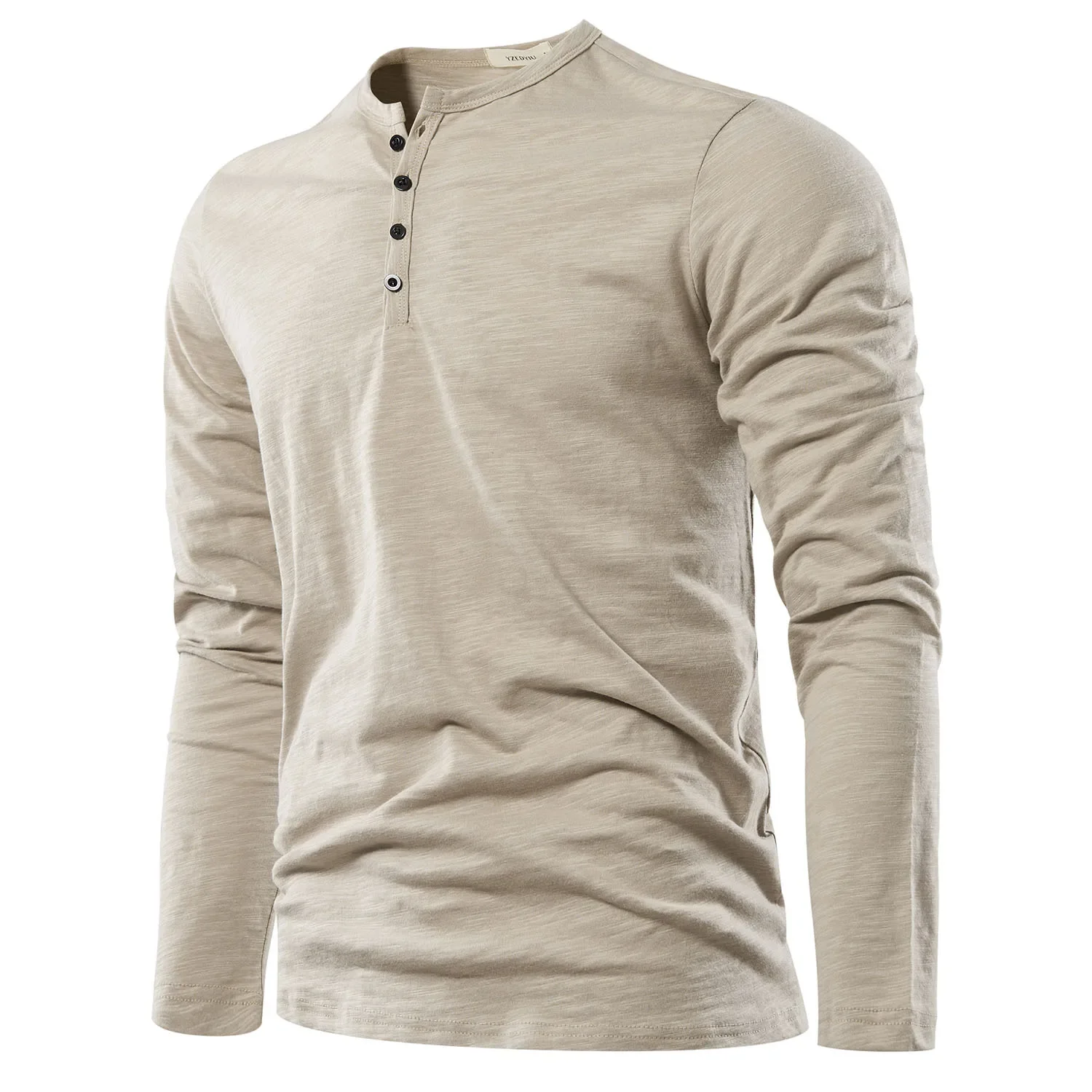 Autumn Solid Casual Mens T-shirts Henery Neck  Long Sleeve T Shirt for Men Breathable Male Tops Classic Versatile Clothes