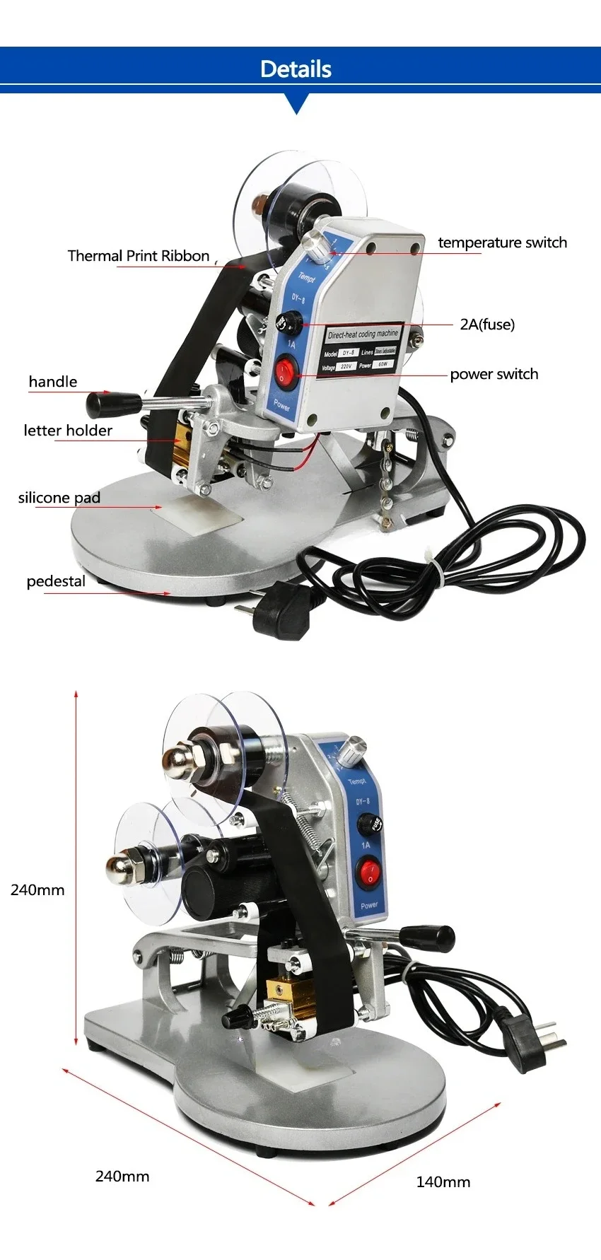DY-8  Printing Machine Heat Transfe Date Coding Machine Printer For Printing Paper Batch Number Registration Mark Paper