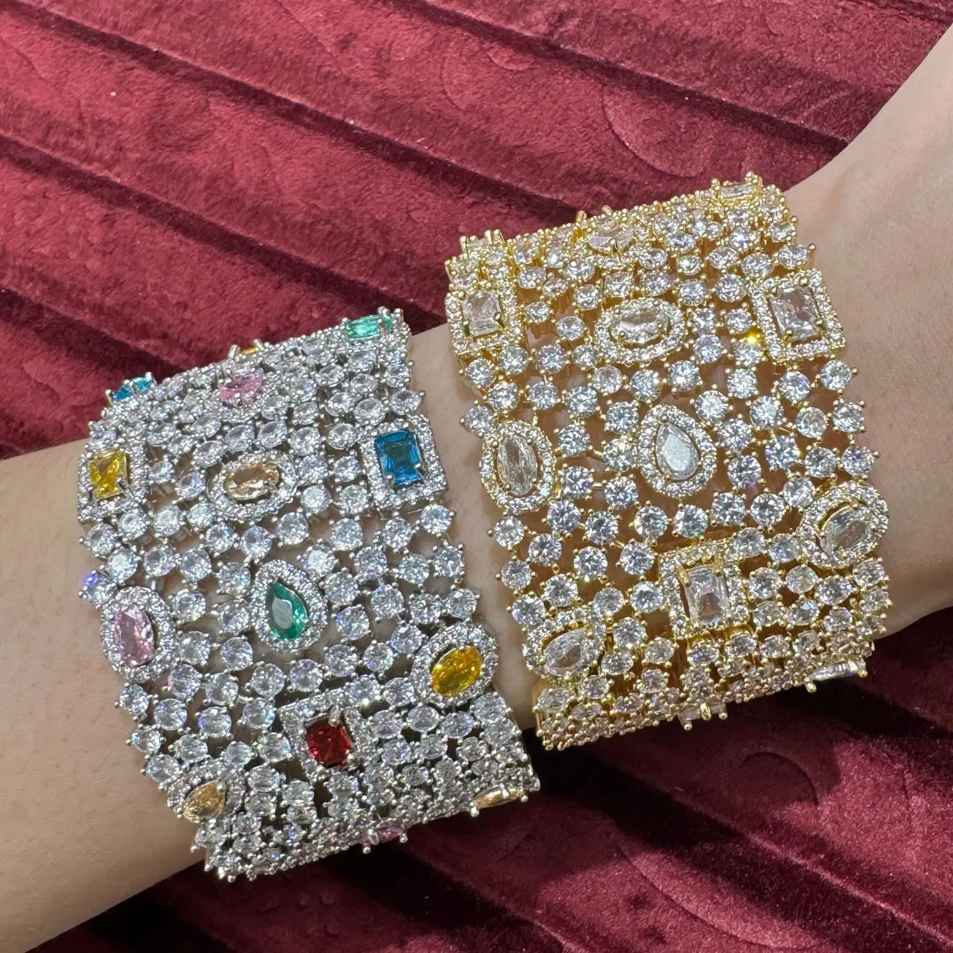 luxury cubic zirconia bracelet bangle large wide shiny jewelry wedding party gala event anniversary gift silver gold color pink