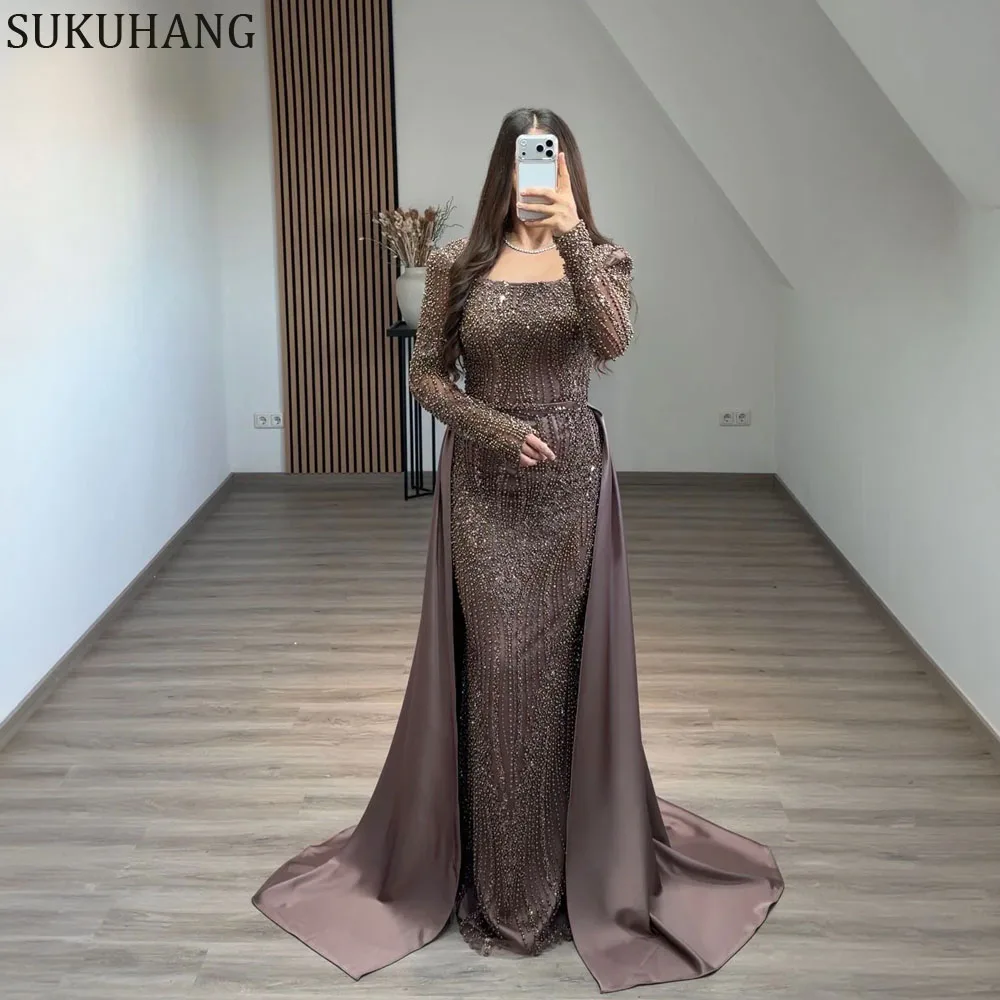 

SUKUHANG Cap Sleeve Mermaid Ivory Evening Dresses Beaded Dubai Long Prom Party dresses Customized