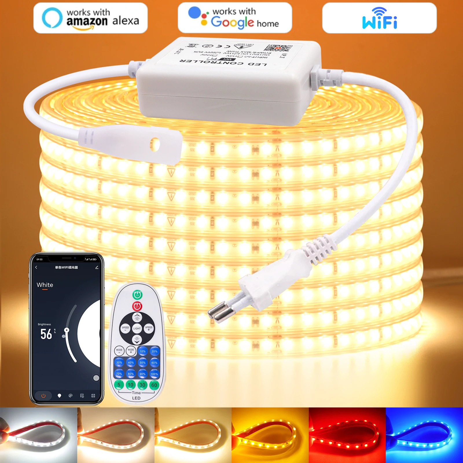 

Tuya WiFi LED Strip Light 220V Dimmable LED Tape with Adhesive Tape 10cm Cuttable 2835 120LEDs Waterproof Ribbon Ligth EU Plug