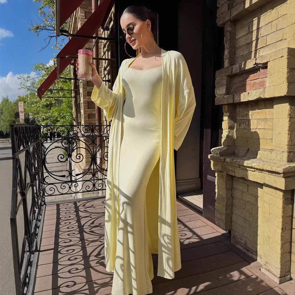 Ensemble de robe d'été tendance pour femmes, robes décontractées, robe à bretelles élégante et manteau Long, ensemble deux pièces, vêtements pour femmes