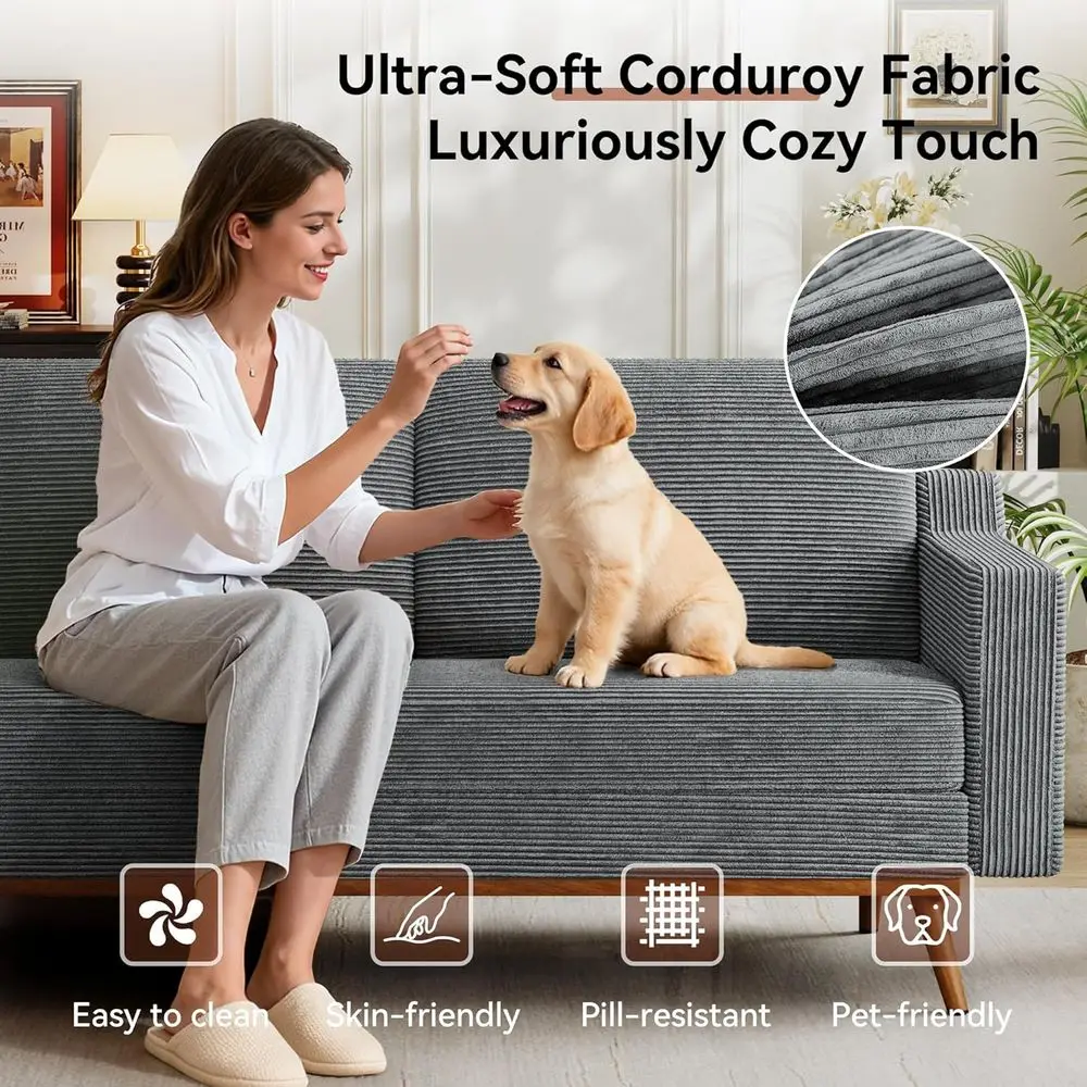 Canapé causeuse en velours côtelé gris de 65,4 pouces, petits canapés ou salon du siècle ern, chambre à coucher, Oice, Comy Soa avec coussin à ressorts,