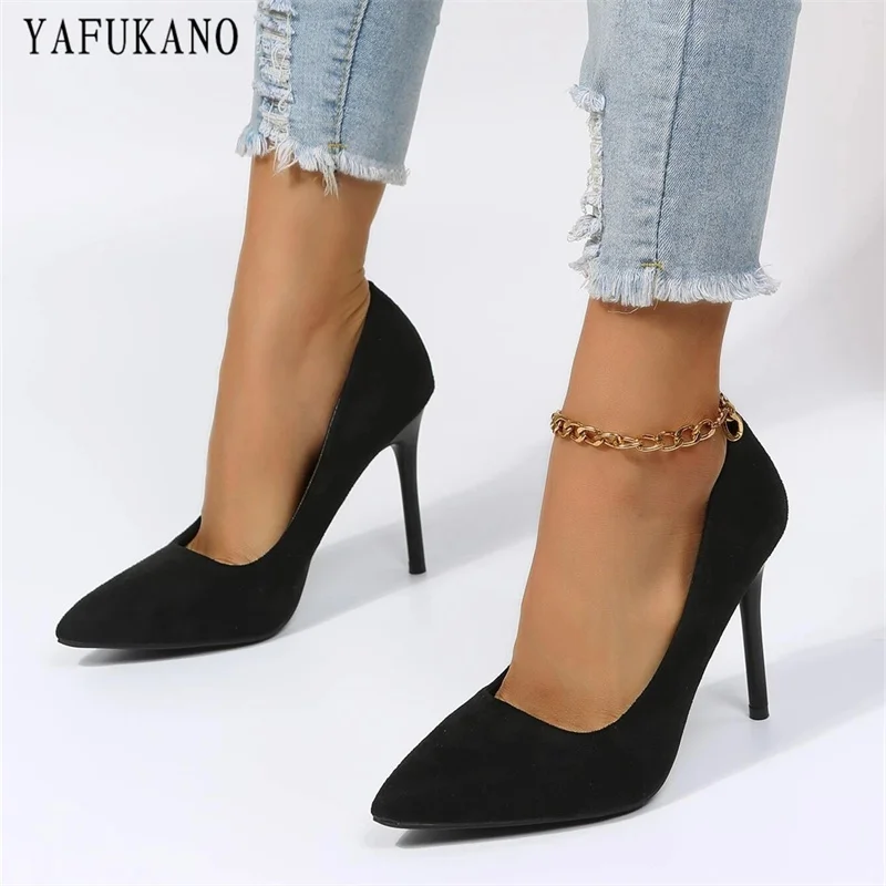 Fashion Point Toe Solid Flock Stiletto High Heels 10Cm/7Cm Sexy Women Pumps Elegant Ladies Office Work Shoes Small Size 33