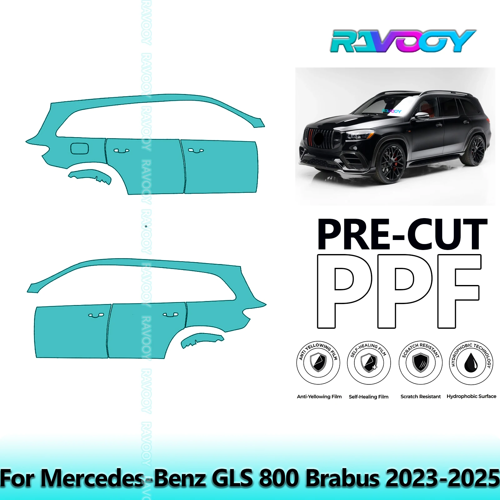 

For Mercedes-Benz GLS 800 Brabus 2023-2025 8.5mil Clear Matte Pre-Cut PPF Door & A/B Pillar Kit TPU Paint Protection Film Set