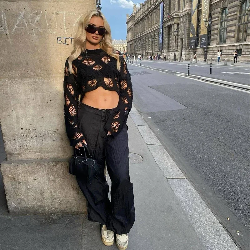 2023 New Knitted Beach Cover Up Women Sexy Top Long Sleeve Loose  Sweater Summer Trend Hollow Out Short Pullover T-shirt