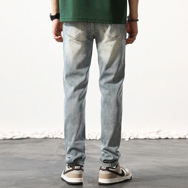 Street Fashion Men Jeans Retro Washed Blue Elastic Slim Fit Painted Ripped Jeans Men Patched Designer Vintage Denim Pants Hombre
