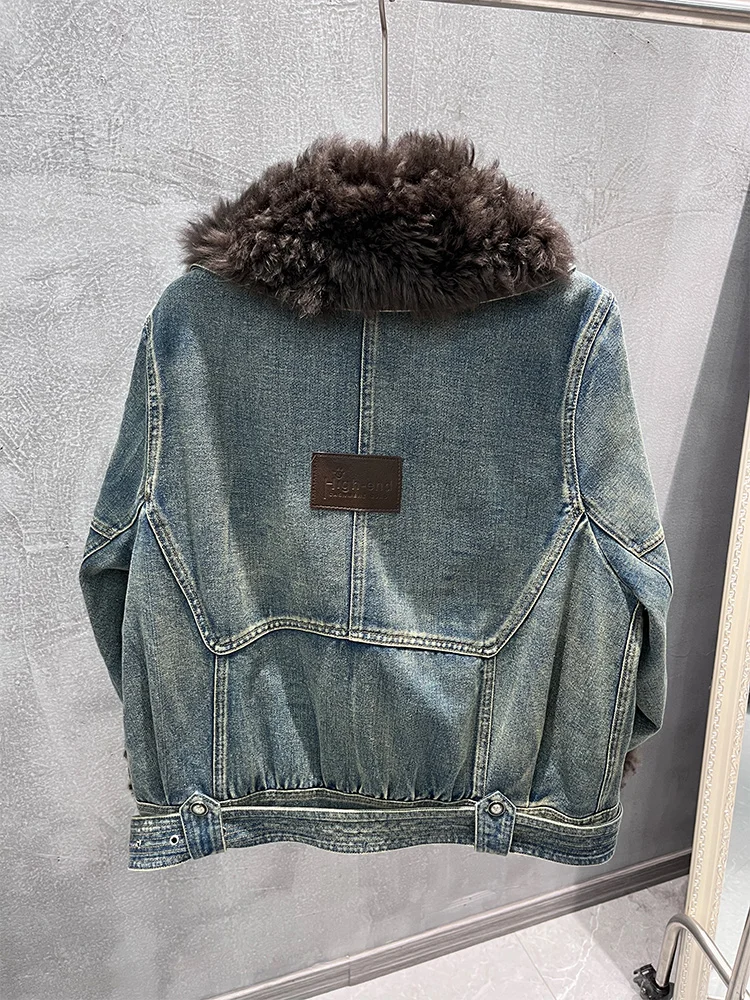 2025 Herfst Winter vrouwen Denim Ganzendons Jassen Met Natrual Echte Schapen Lam Bontkraag Vrouwen Uitloper Luxe Vrouwelijke jas