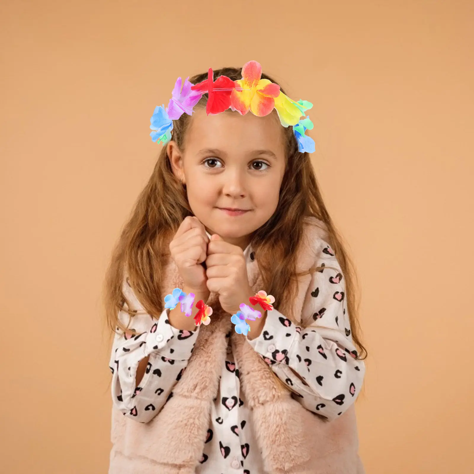 

Hawaiian Party Skirt Set for Kids Includes Head Hoop Bracelets Neck Garland Tropical Luau Dance Costume Green Accessories