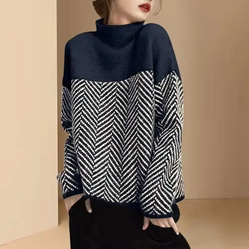 Women Turtleneck Sweater Vintage Patchwork Autumn Winter Knitted Tops Casual Loose Pullovers Korean Fashion Simple Jumpers