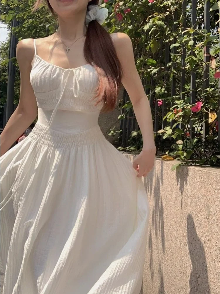 エレガントでセクシーなバックレスストラップドレス レディース 夏休み Aラインスカート ホワイト ウエストシェイプ スリムロングドレス