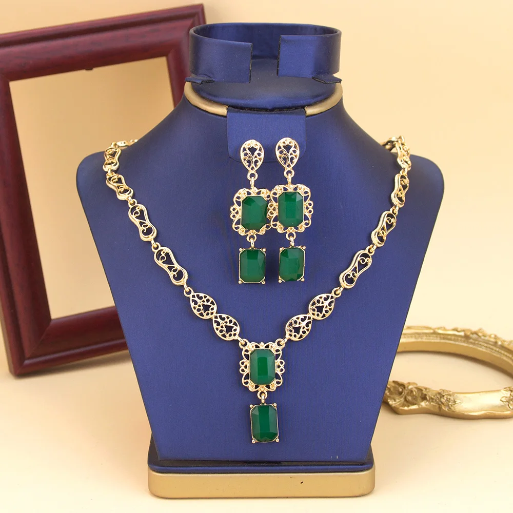 Marokko Stil Halskette Ohrring Set Für Frauen Luxus Arabisch Rot Grün Kristall Quadrat Anhänger Hals Chian Braut Schmuck – Detail 3