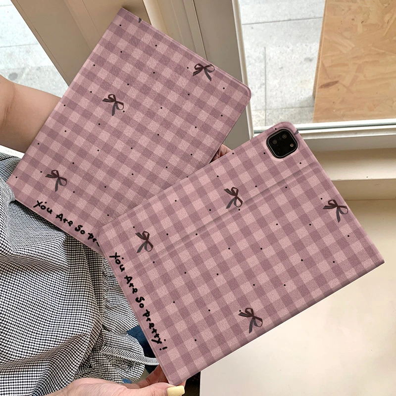 Pink Plaid Bow Girl Book Style Tablet Case For iPad Pro 11 12.9 13 A16 M2 M4 M3 M5 Shell 5/6/7/8/9/10/11th Mini Air 3 4 5 Cover