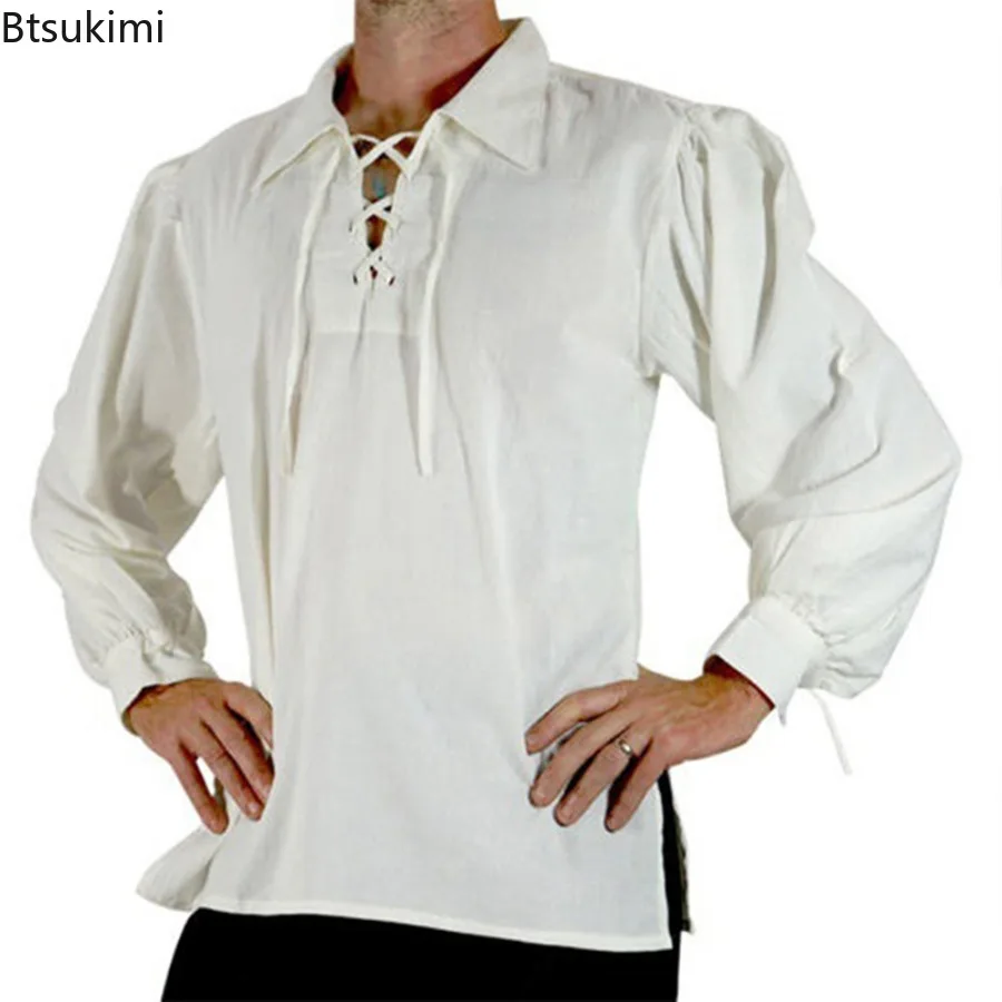 Lapel Strap Men Shirt Medieval Renaissance Cosplay Shirt Lace-up Long Sleeve Loose Fit for Adult Men's Historical Costume Men