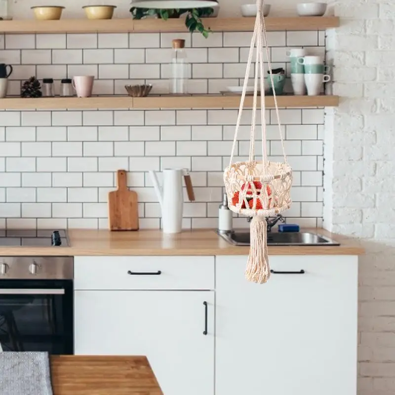 Hängender Obstkorb, Korb, Seil, Makramee, Wandbehang, Obstaufhänger, Hängekörbe, handgefertigt, für Zuhause, Garten, Balkon, Dekoration