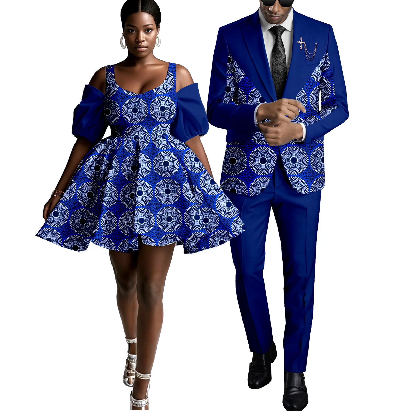 

African Couples Women Print Wax Cotton Fashion Patchwork Hot Dress & Men 2 Pieces Shirt and Pants Sets