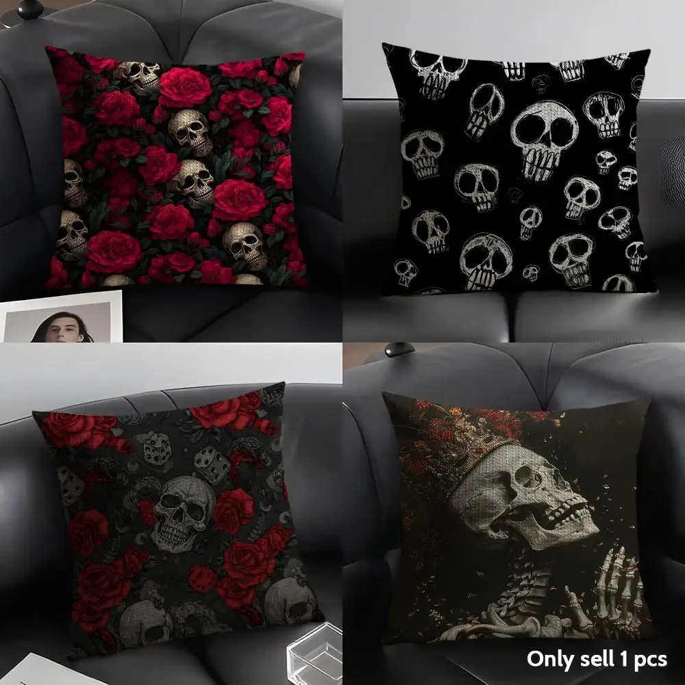 Skull & Red Rose Cushion Cover Natural Linen Organic Fabric Double-Sided Printing Breathable Perfect Gift For Decor