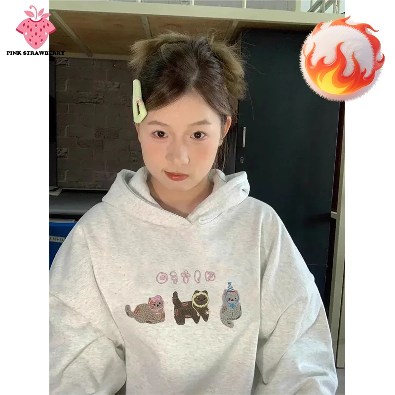

Милая толстовка с мультяшным принтом, женская осень-зима 2025, новый повседневный пуловер большого размера с круглым вырезом Y2K, топ, плюшевая толстовка, одежда в стиле каваи