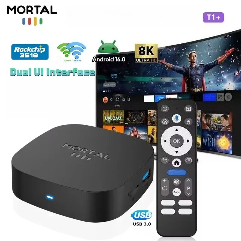 TV Box Inteligente T1+ Android 16 de 2026, Rockchip RK3518, WIFI6, BT 5.4, Interfaz de Usuario, Reproductor Multimedia 8K HD, Asistente de Voz, Decodificador IPTV
