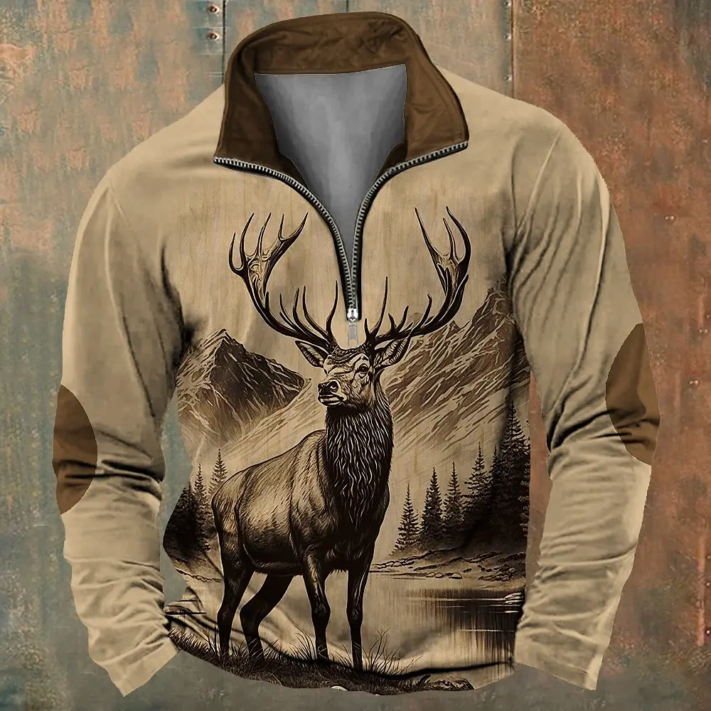 3D Milu Deer Print Half Zip Long Sleeve Sweatshirts Fashion Stand Collar Loose Men's Tops Casual Pullover Autumn Vintage Clothes